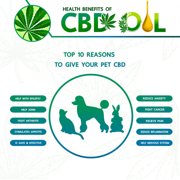 A graphic that lists the benefit of CBD oil for animals and pets