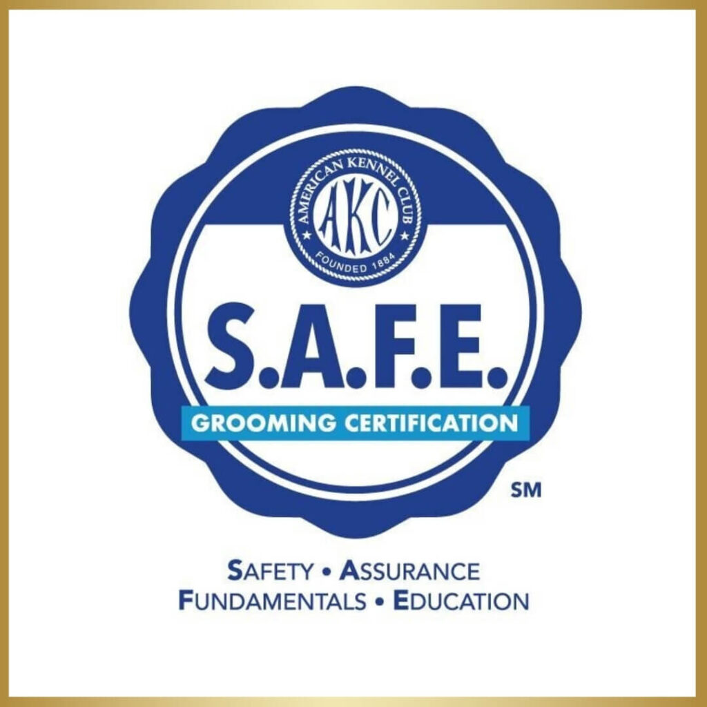 the logo for AKC S.A.F.E. A blue circle with a scalloped edge with S.A.F.E in the middle. underneath, it says Grooming Certification