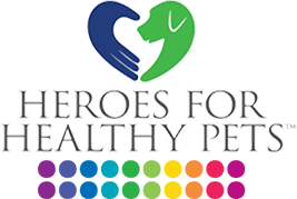 A half hand and dog in the shape of a heart, the logo for heroes for healthy pets.