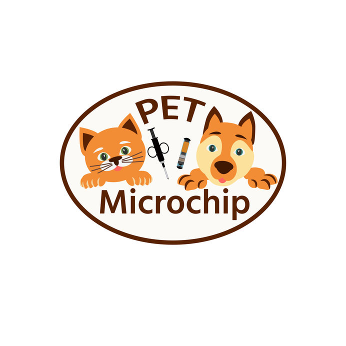 A cartoon of a cat and a dog with the words "Pet Microchip" and a needle and microchip