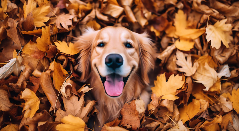 generated image of a golden retriever dog smiling in a pile of autumn leaves