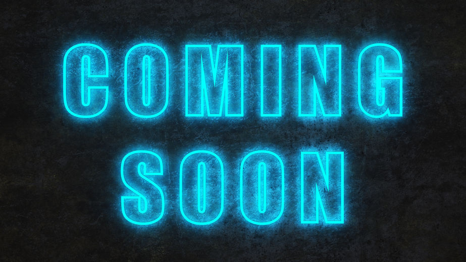 Neon blue text that says "Coming Soon" on a black background
